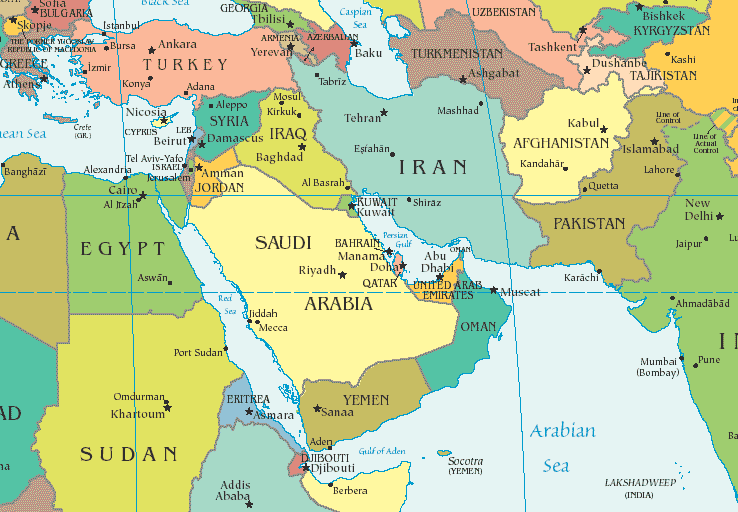 A political and geographical map showing countries commonly 