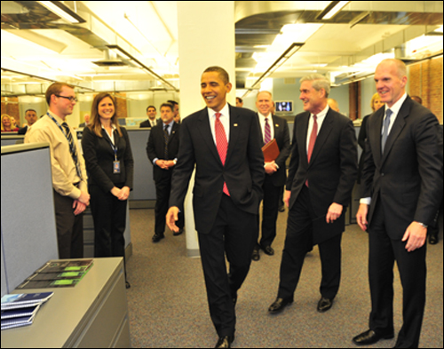 obama-meets-counter-terrorism President Obama visited the New York Joint Terrorism Task Force on Tuesday and said: “Together, your success in thwarting terrorist attacks, the strong intelligence you gathered and the hard-nosed investigations you pursued, has proved to be a model for law enforcement officials across the country.” The President also commended FBI Director Robert Mueller, NYPD Commissioner Raymond Kelly and the head of the FBI New York office Joseph Demarest for putting together a “team that is more integrated, more collaborative, and more effective than ever before." /FBI Photo