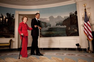 President Barack Obama escorts former First Lady Nancy Reagan in the Diplomatic Room of the White House June 2, 2009. (Official White House Photo by Lawrence Jackson) This official White House photograph is being made available for publication by news organizations and/or for personal use printing by the subject(s) of the photograph. The photograph may not be manipulated in any way or used in materials, advertisements, products, or promotions that in any way suggest approval or endorsement of the President, the First Family, or the White House.Ê
