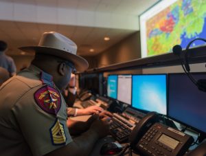 At the Super Bowl command post, a Texas Highway Patrol officer takes part in a “rehearsal of concept” exercise several weeks prior to the command post going operational.